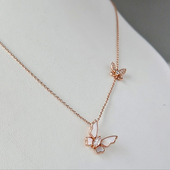 Rose Gold Butterfly Necklace with pink Mother of Pearl, Charmed Aroma - Picture 1 of 7